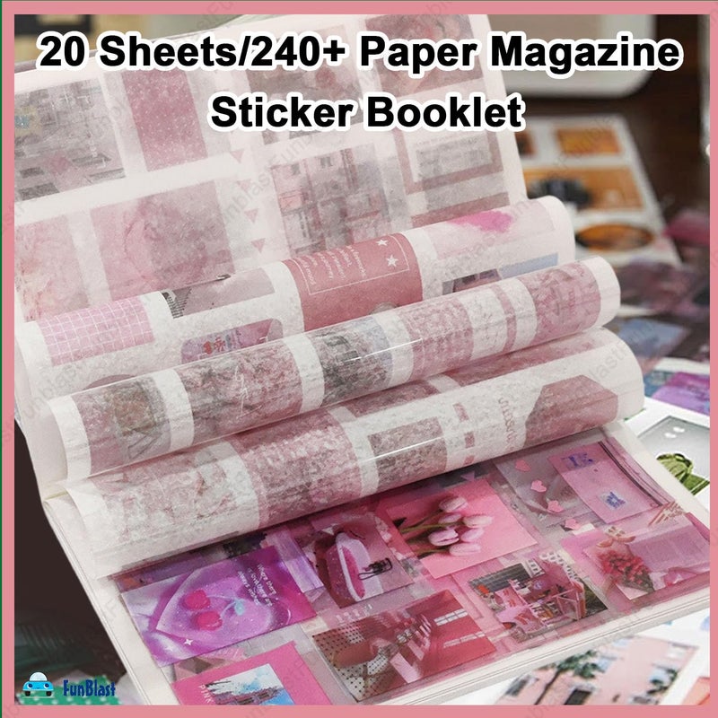 FunBlast مجموعة كتاب الملصقات – 20 ورقة/240+ ملصق ورقي كتيب، ملصقات ديكور دفتر ملاحظات إبداعية ريترو، ملصقات للمشاريع، ملصقات بأسلوب ياباني، دفاتر، تزيين القصاصات (وردي) - Image 4