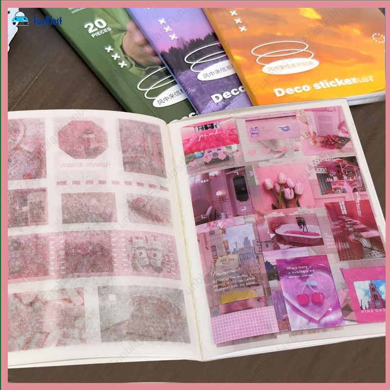 FunBlast مجموعة كتاب الملصقات – 20 ورقة/240+ ملصق ورقي كتيب، ملصقات ديكور دفتر ملاحظات إبداعية ريترو، ملصقات للمشاريع، ملصقات بأسلوب ياباني، دفاتر، تزيين القصاصات (وردي) - Image 5