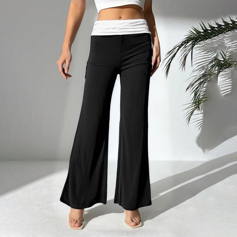 Yoawdats Fold Over Yoga Pants for Women Wide Leg Sweatpants Low Rise Flare Lounge Pant Bell Bottoms Y2K Foldover Pants (Black g, S) - Image 2