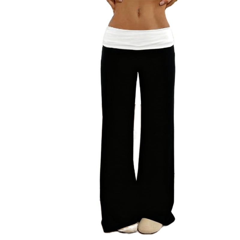 Yoawdats Fold Over Yoga Pants for Women Wide Leg Sweatpants Low Rise Flare Lounge Pant Bell Bottoms Y2K Foldover Pants (Black g, S) - Image 1