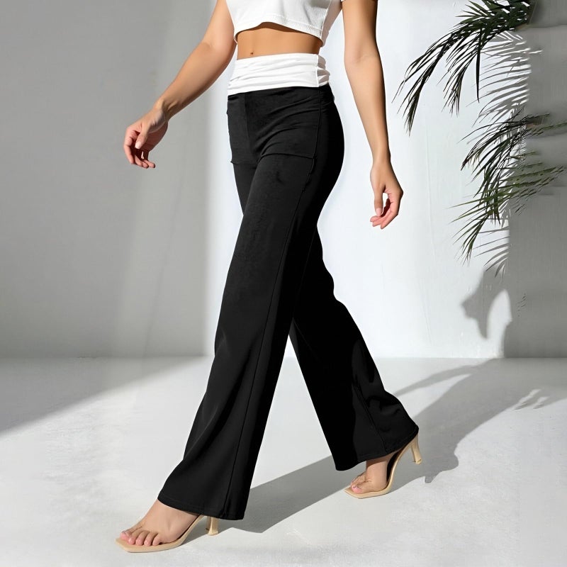 Yoawdats Fold Over Yoga Pants for Women Wide Leg Sweatpants Low Rise Flare Lounge Pant Bell Bottoms Y2K Foldover Pants (Black g, S) - Image 4