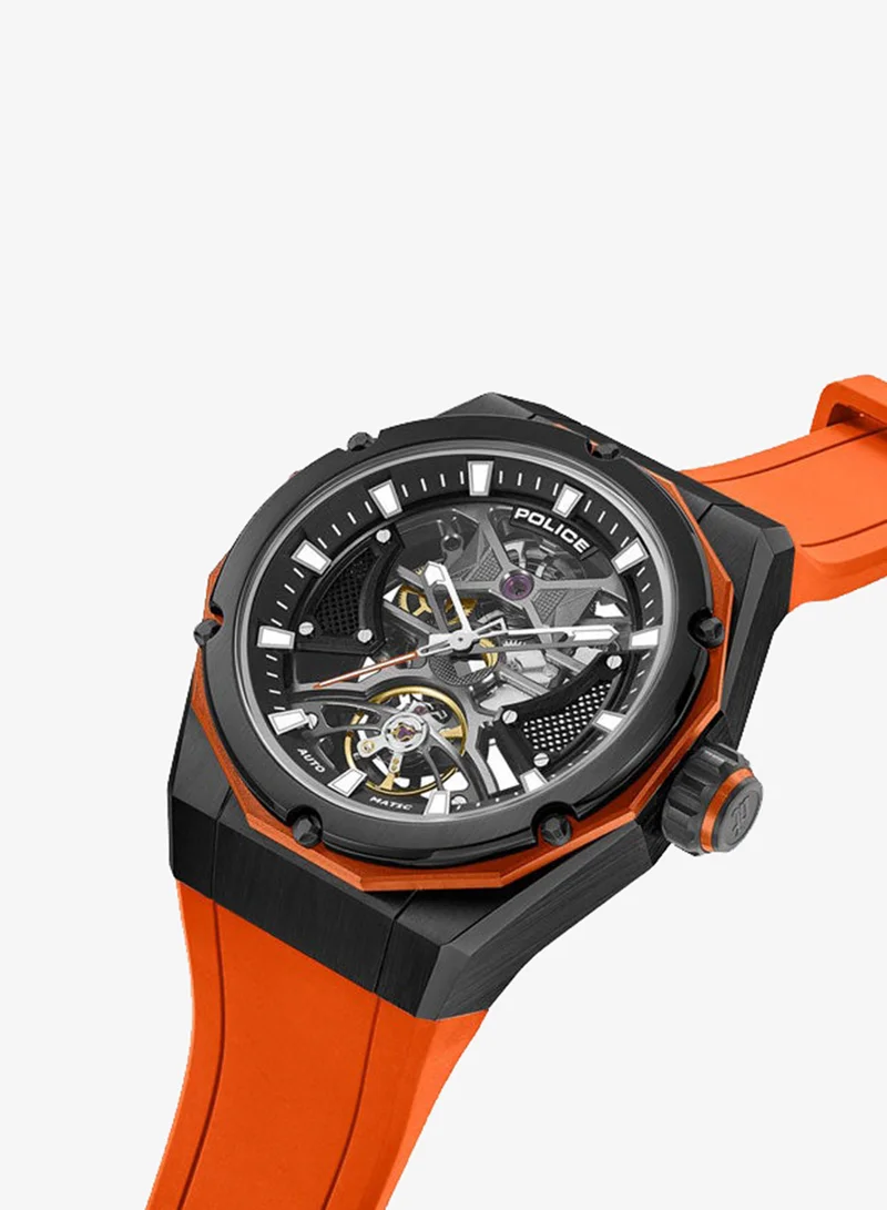POLICE Dayton Black Dial Orange Silicone Strap Automatic Watch for Men - 45mm