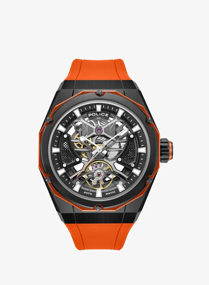 POLICE Dayton Black Dial Orange Silicone Strap Automatic Watch for Men - 45mm