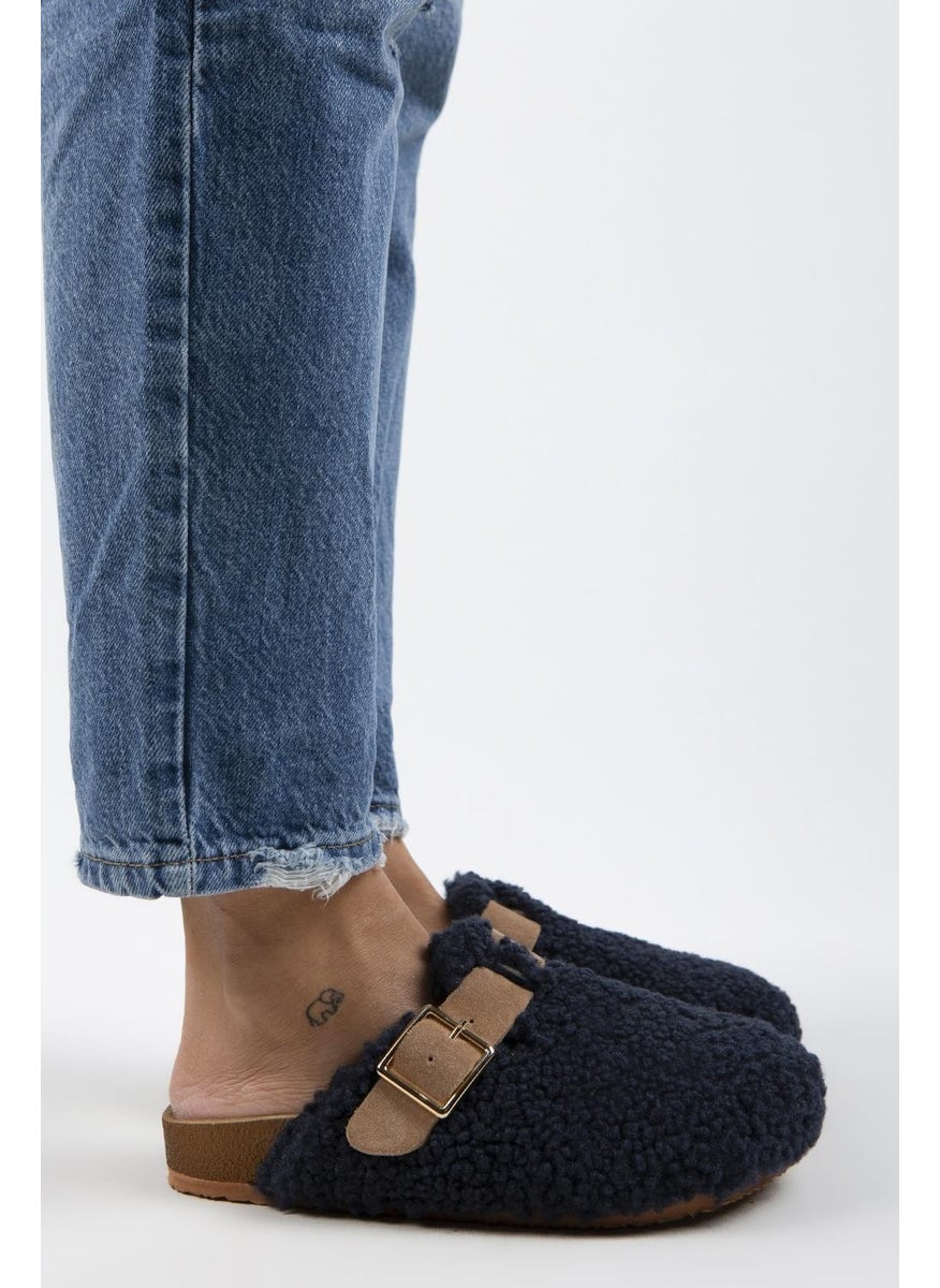 Manijero Suzen Teddy Women's Textile Furry Leather Belt Buckled Navy Blue-Sand Slippers  - Image 1