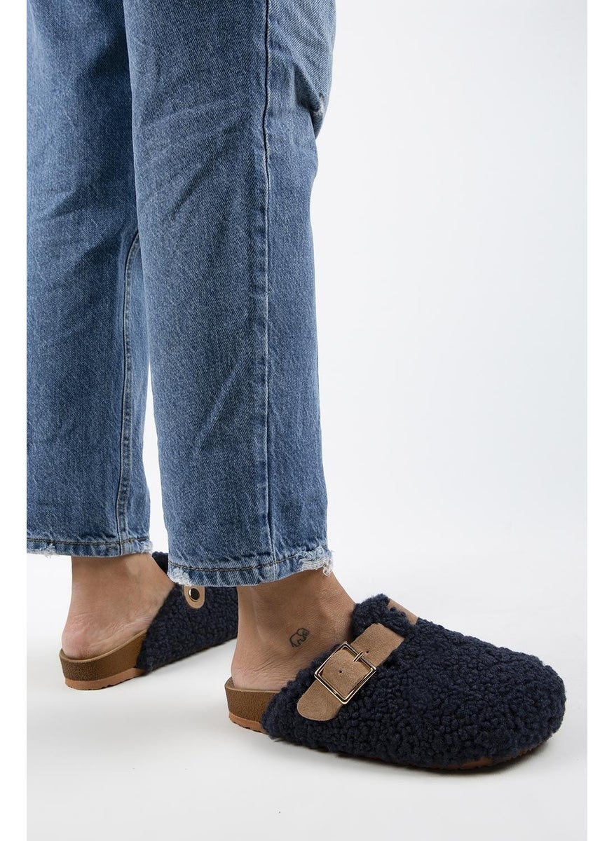 Manijero Suzen Teddy Women's Textile Furry Leather Belt Buckled Navy Blue-Sand Slippers  - Image 4