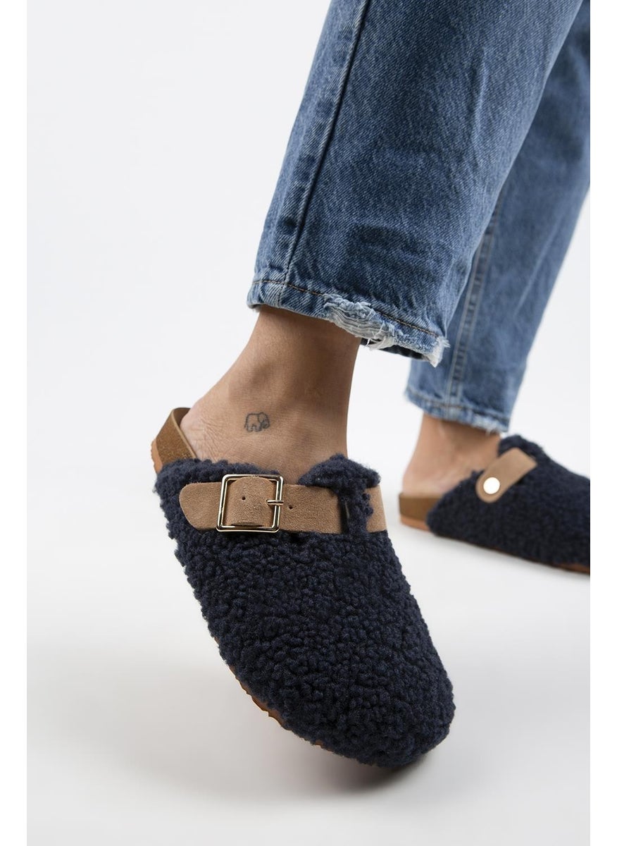 Manijero Suzen Teddy Women's Textile Furry Leather Belt Buckled Navy Blue-Sand Slippers  - Image 3