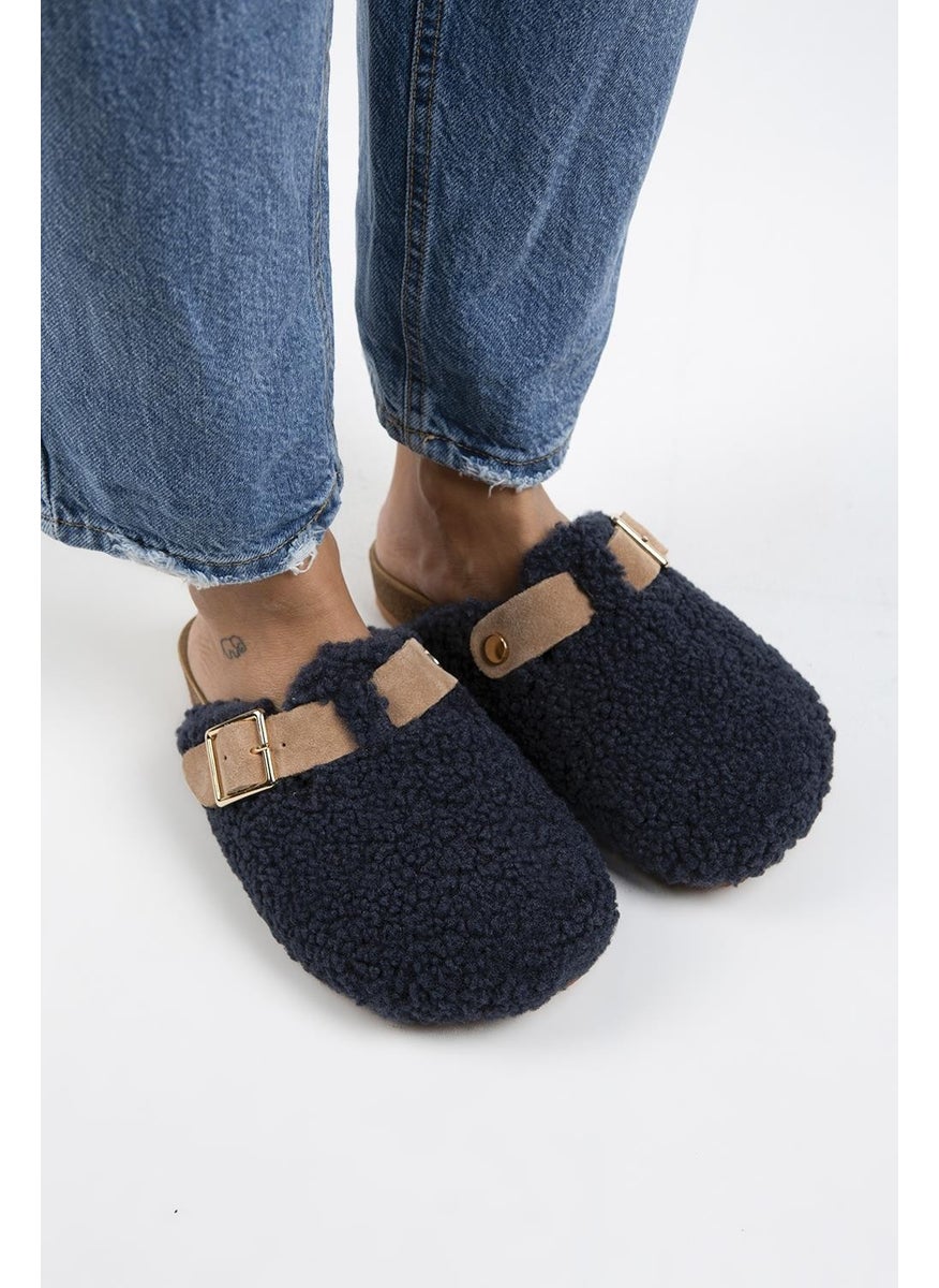Manijero Suzen Teddy Women's Textile Furry Leather Belt Buckled Navy Blue-Sand Slippers  - Image 5