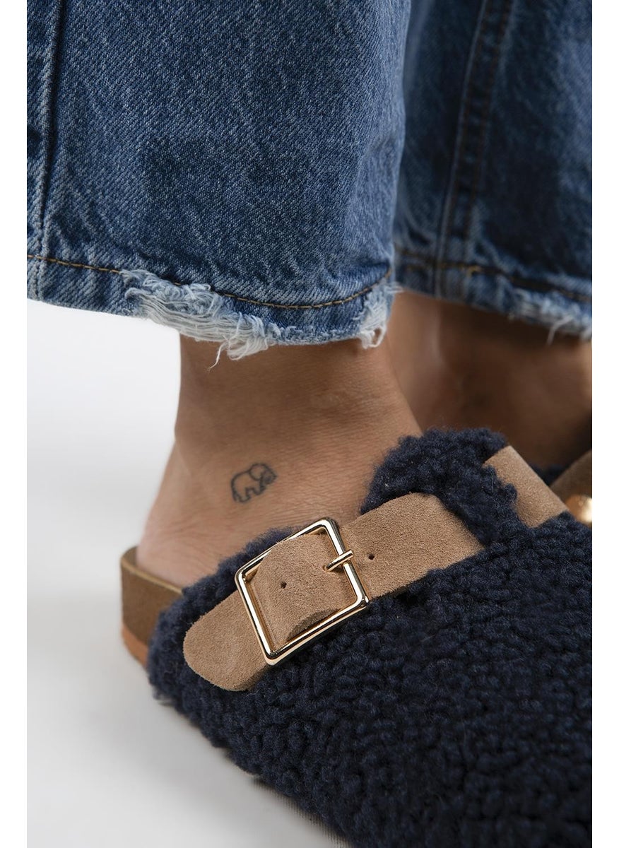 Manijero Suzen Teddy Women's Textile Furry Leather Belt Buckled Navy Blue-Sand Slippers  - Image 2