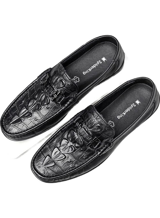 Spider King Leather Shoes For Men, Casual Comfortable Slip-On Loafers, Versatile Driving Moccasins, Black, Size 39 - Image 1