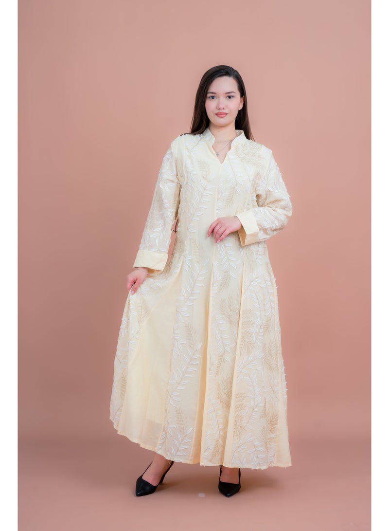 IKKXA Soft Petals Embroidered Jalabiya IK04 Cream - Image 1