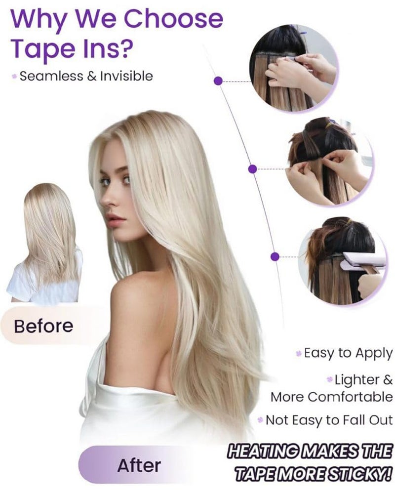 LaaVoo Tape in Hair Extensions Blonde Human Hair Tape in Extensions #60 Platinum Blonde Hair-Extension Tape on Real Human Short Hair 20pcs 40g 14 Inch - Image 2