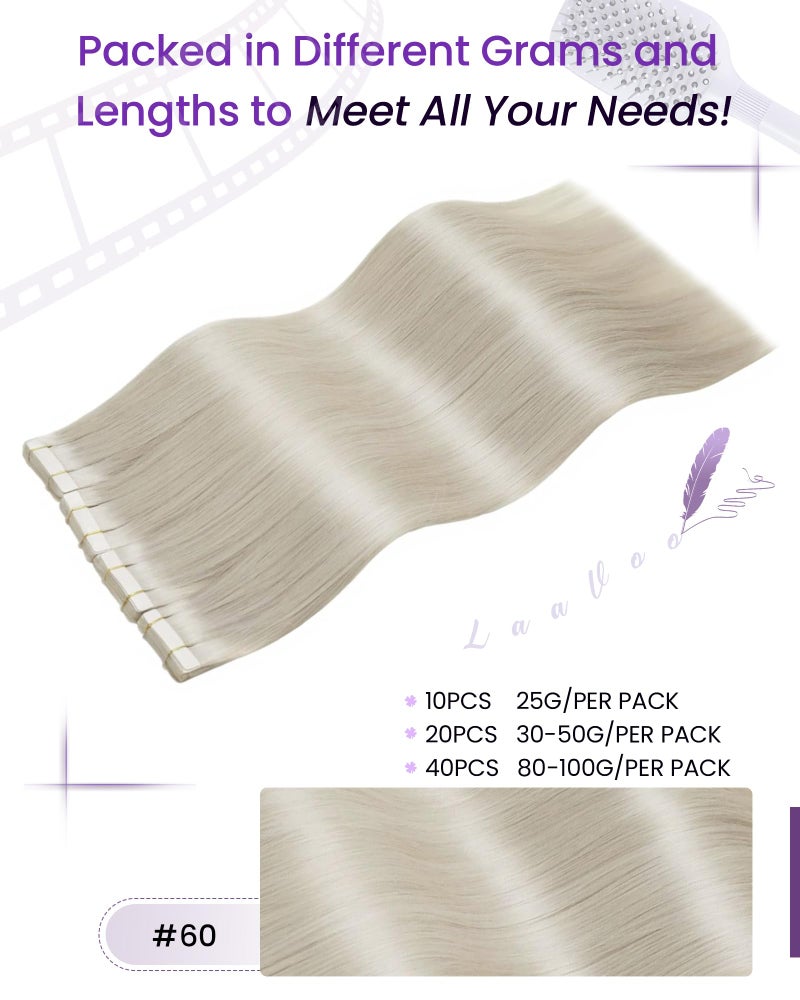 LaaVoo Tape in Hair Extensions Blonde Human Hair Tape in Extensions #60 Platinum Blonde Hair-Extension Tape on Real Human Short Hair 20pcs 40g 14 Inch - Image 3