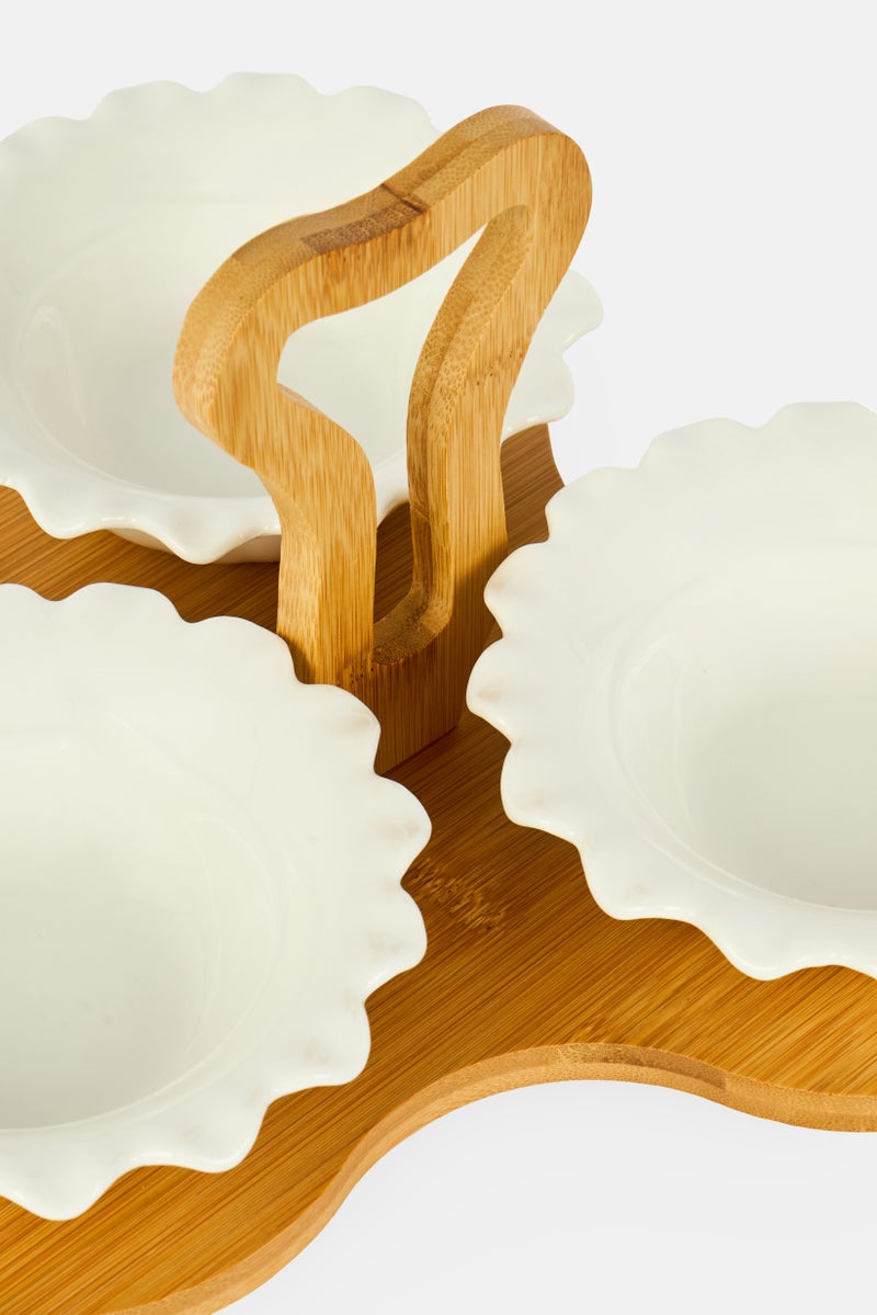 Shallow 3 Piece Porcelain Serving Bowl Set with Bamboo Stand, Multicolor - Image 3