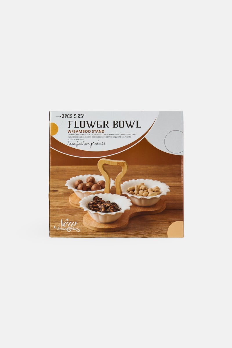 Shallow 3 Piece Porcelain Serving Bowl Set with Bamboo Stand, Multicolor - Image 1