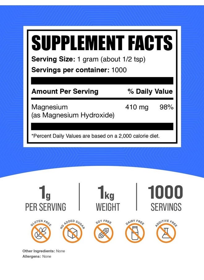 بالك سابلمنتس مسحوق هيدروكسيد المغنيسيوم من BulkSupplements.com - هيدروكسيد المغنيسيوم الصالح للأكل، مكمل هيدروكسيد المغنيسيوم - 1000 مجم (410 مجم من المغنيسيوم) لكل وجبة، 1 كجم (2.2 رطل) (عبوة من قطعة واحدة)  - Image 2