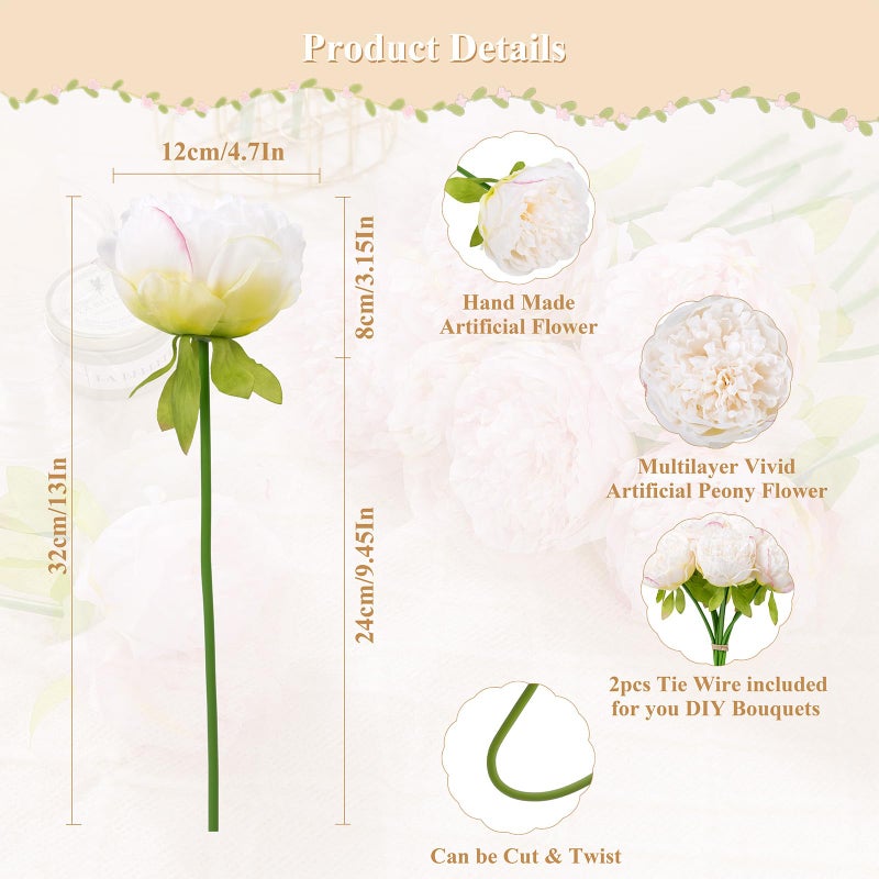 U'Artlines 20 Heads Artificial Peony Silk Flower Leaf Home Office Wedding Party Festival Bar Decor (Cream White) - Image 3