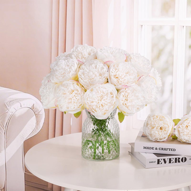 U'Artlines 20 Heads Artificial Peony Silk Flower Leaf Home Office Wedding Party Festival Bar Decor (Cream White) - Image 4
