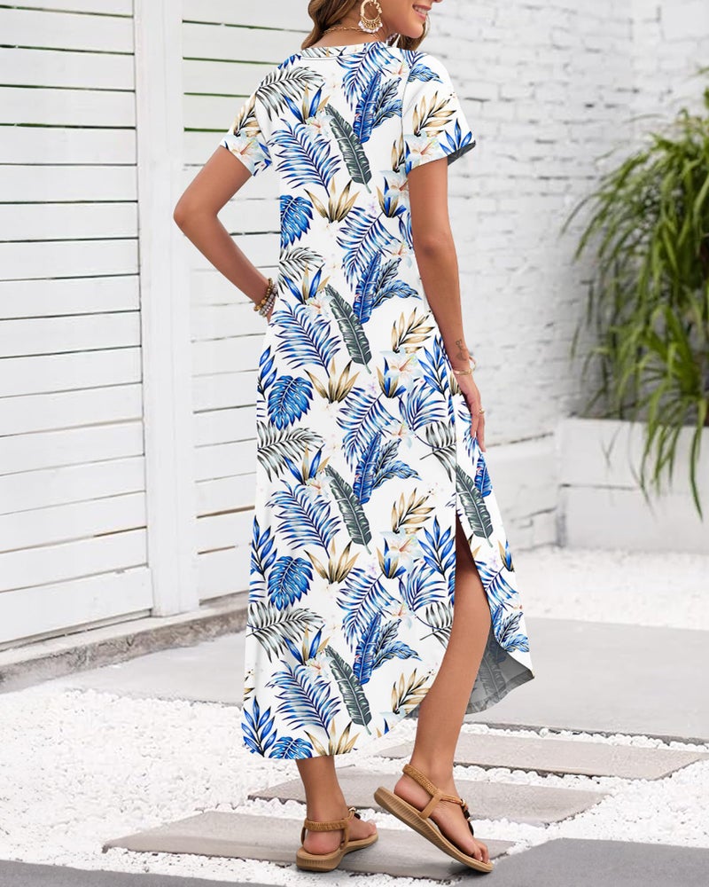 MISFAY Women's Summer Casual Maxi Dress 2026 Short Sleeves V Neck Loose Sundress Split Long Beach T Shirt Dress Vacation Outfits(Floral Leaves,L) - Image 3