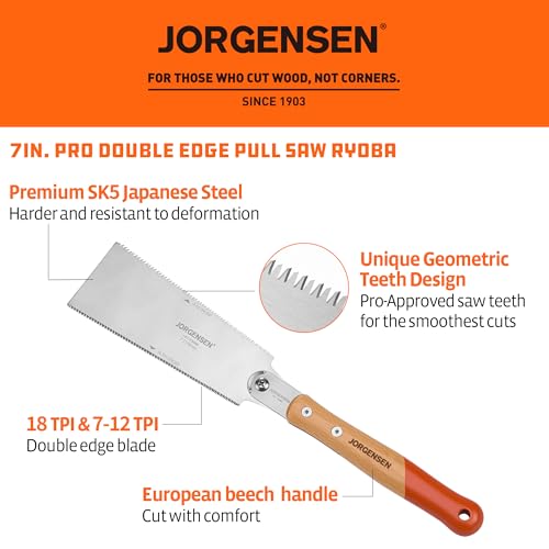 JORGENSEN Japanese Pull Saw RYOBA, 7 Inch Pro Double Edge, SK5 Flexible Blade, 18 TPI & 7-12 TPI, Woodworking Hand Saw for Hardwood & Softwood, Wood Trim - Image 2