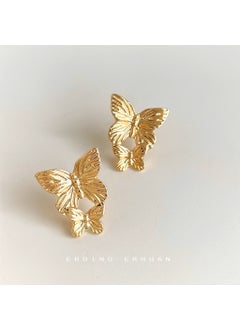 French Double Butterfly 14K Plated Chic Metallic Earrings 4751 silver needle butterfly stud earrings