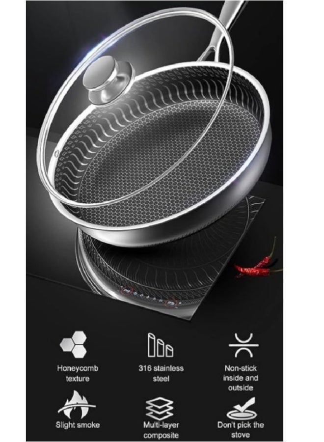 ارواق مقلاة قلي غير لاصقة من الستانلس ستيل بغطاء زجاجي – تصميم خلية النحل مزدوجة الجوانب للقلي السريع، مناسبة للغاز والكهرباء والحث (28 سم / 11 بوصة) - Image 2