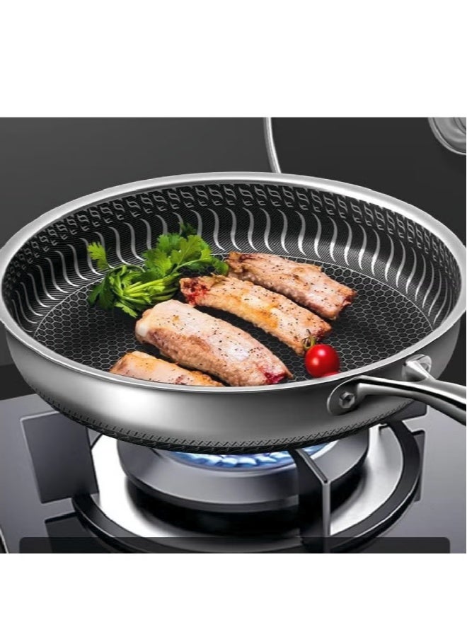 ارواق مقلاة قلي غير لاصقة من الستانلس ستيل بغطاء زجاجي – تصميم خلية النحل مزدوجة الجوانب للقلي السريع، مناسبة للغاز والكهرباء والحث (28 سم / 11 بوصة) - Image 4