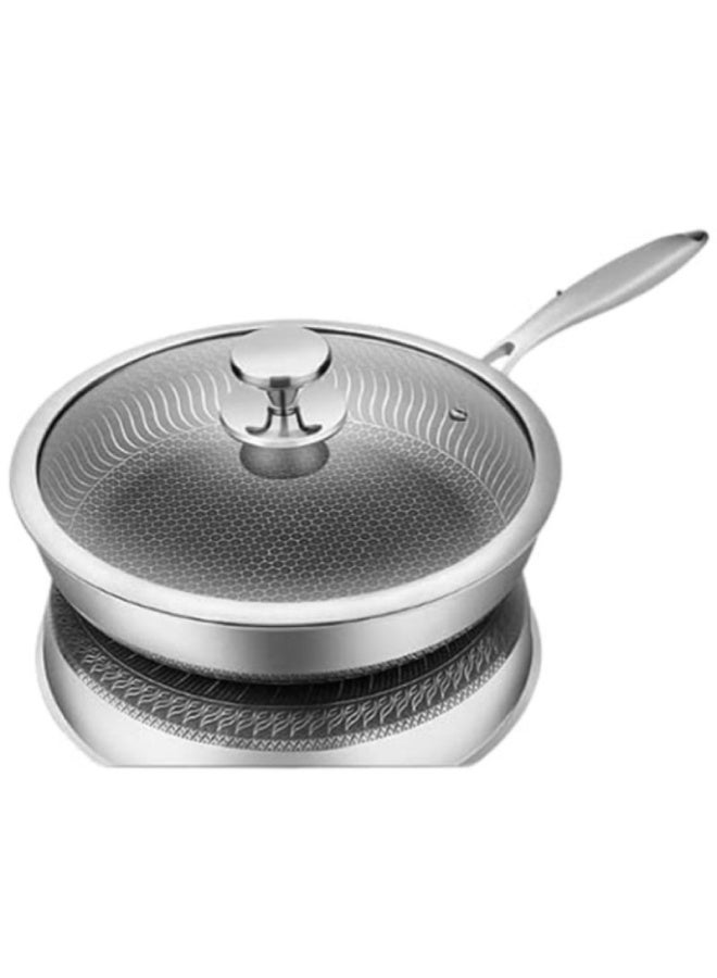 ارواق مقلاة قلي غير لاصقة من الستانلس ستيل بغطاء زجاجي – تصميم خلية النحل مزدوجة الجوانب للقلي السريع، مناسبة للغاز والكهرباء والحث (28 سم / 11 بوصة) - Image 1