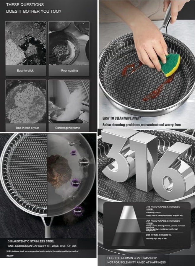 ارواق مقلاة قلي غير لاصقة من الستانلس ستيل بغطاء زجاجي – تصميم خلية النحل مزدوجة الجوانب للقلي السريع، مناسبة للغاز والكهرباء والحث (28 سم / 11 بوصة) - Image 5