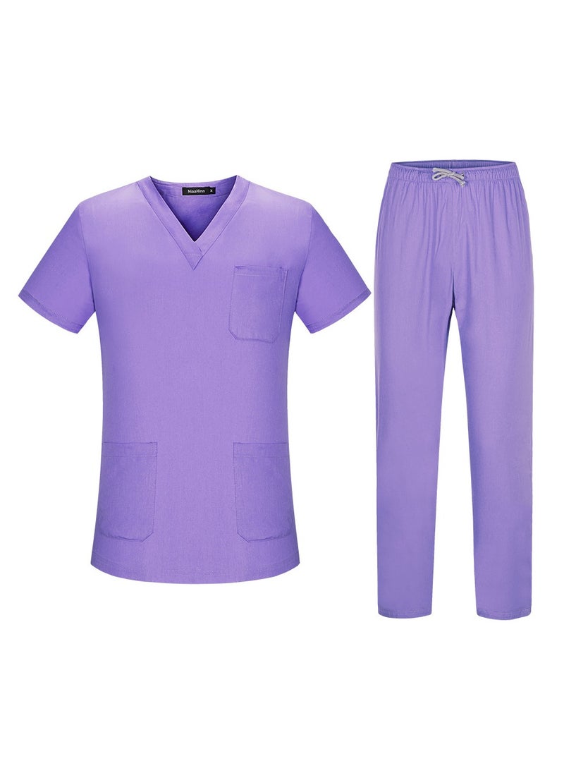 Loquat Unisex Loose Medical Uniform Scrubs 2 Piece Set V-Neck Top and Elastic Waist Pants Suit Purple  - Image 1