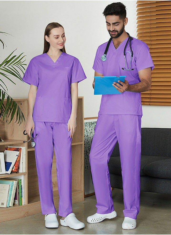 Loquat Unisex Loose Medical Uniform Scrubs 2 Piece Set V-Neck Top and Elastic Waist Pants Suit Purple  - Image 2