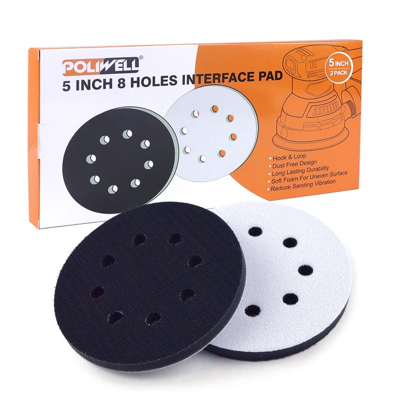 POLIWELL 5 Inch 8 Holes Interface Pad, 5” Orbital Sander Foam Pad for 5 in Orbital Sander, Hook and Loop Soft Sponge Cushion Buffing Pads Sanding Pads Backing Pads, Pack of 2 - Image 1