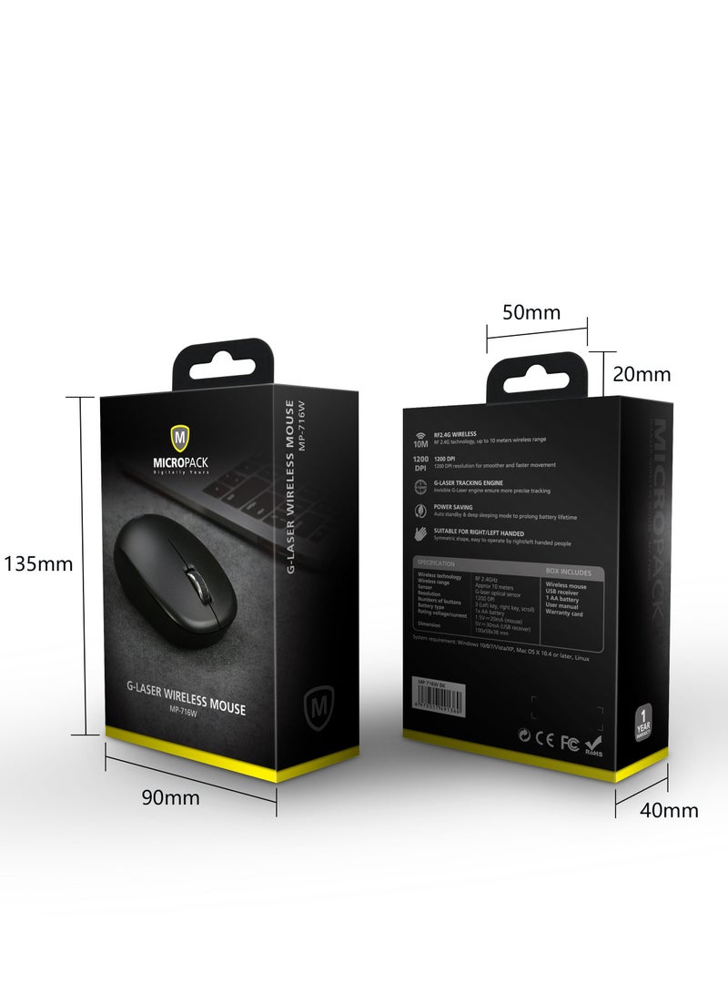 مايكروباك ماوس لاسلكي RF 2.4G Micropack MP-716W - مستشعر ليزر G، دقة 1200 DPI، أسود - Image 4