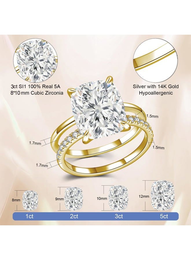 AVECON 3CT/5CT Elongated Cushion Cut Engagement Ring Set for Women, Wedding Promise Cubic Zirconia Band, 14K Gold/White Gold Plated Stackable Adjustable Bridal Half Eternity Open Rings, Size 5-9, 5 - Image 3