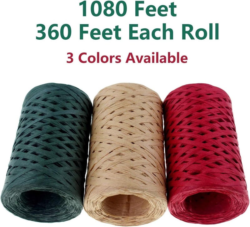 Creatrill Raffia Ribbon Red Green Natural 3 Rolls 1080 Feet, 360 Feet Each Roll, Paper Twine Wrapping Ribbon for Christmas - Image 4