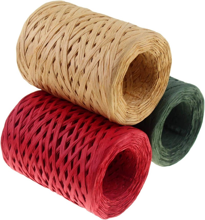 Creatrill Raffia Ribbon Red Green Natural 3 Rolls 1080 Feet, 360 Feet Each Roll, Paper Twine Wrapping Ribbon for Christmas - Image 1