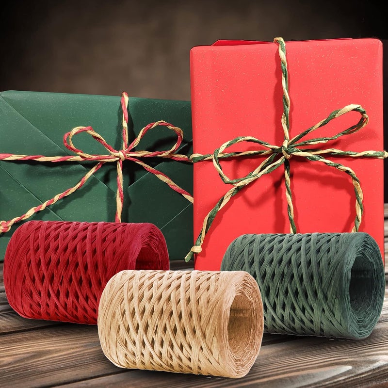 Creatrill Raffia Ribbon Red Green Natural 3 Rolls 1080 Feet, 360 Feet Each Roll, Paper Twine Wrapping Ribbon for Christmas - Image 3