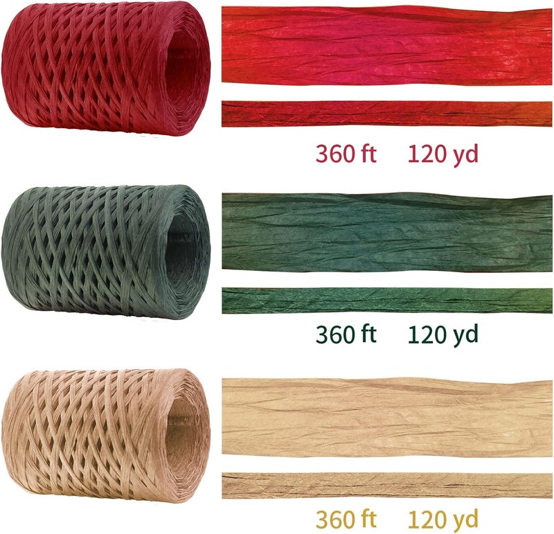 Creatrill Raffia Ribbon Red Green Natural 3 Rolls 1080 Feet, 360 Feet Each Roll, Paper Twine Wrapping Ribbon for Christmas - Image 2