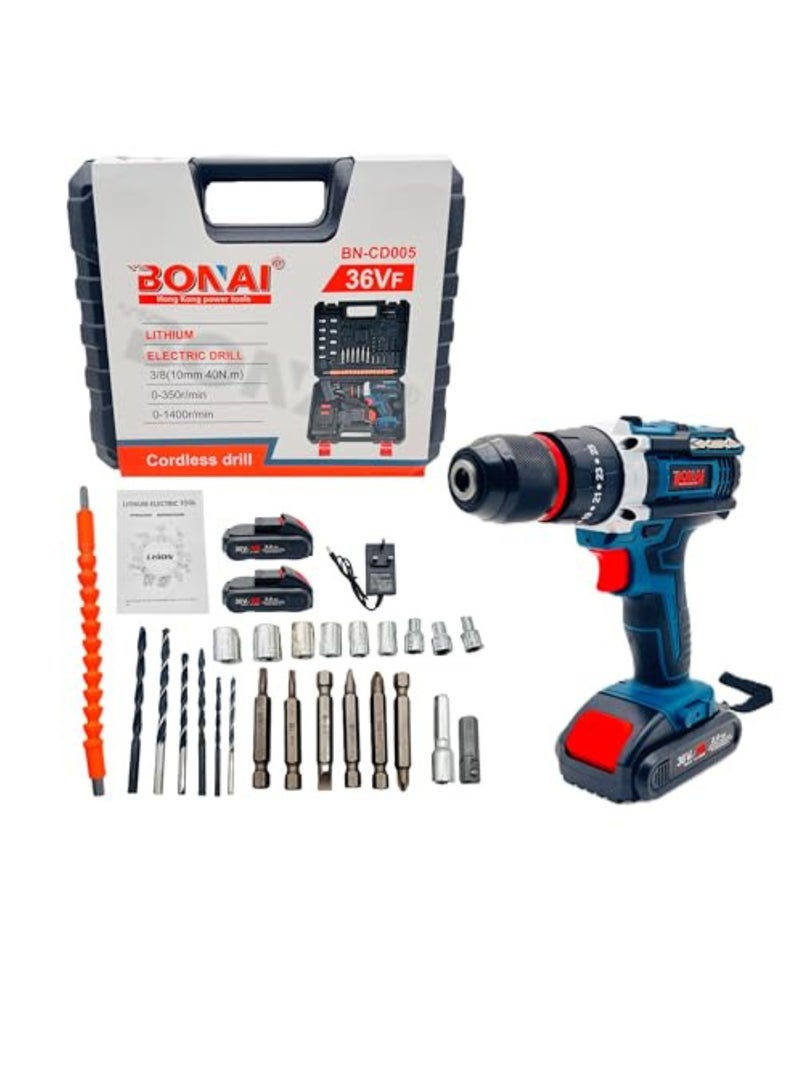 BONAI High-Power 36V Cordless Impact Drill Kit with Lithium Batteries, Combi Hammer Driver Set for Metal, Wood, Wall Drilling and Screw Tasks - Image 3