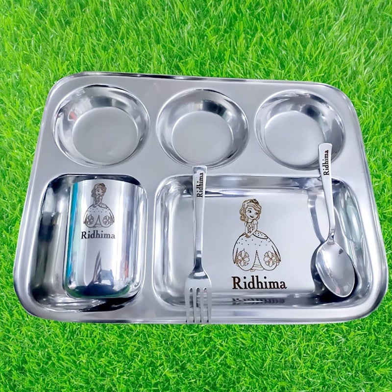 VK Print Creation Customized Name Stainless Steel Cartoon Character (Princess) 4 Compartment Bhoj Thali Set for Kids, Customized Gift for Kids (1Thali, 1 Glass, 1 Spoon, 1 Fork) - Image 1