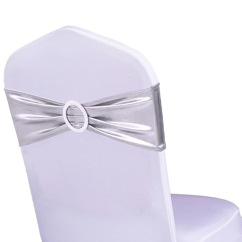 WENSINL WENSINL Pack of 100 Wedding Silver Chair Sashes Elastic Chairs Bands with Buckle Slider Chair Bows for Wedding Decorations Without Chairs Covers Metallic Silver 