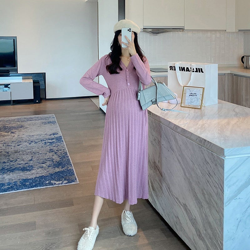 Chic Maternity Knit Dress V-Neck Versatile Sweater purple  - Image 1