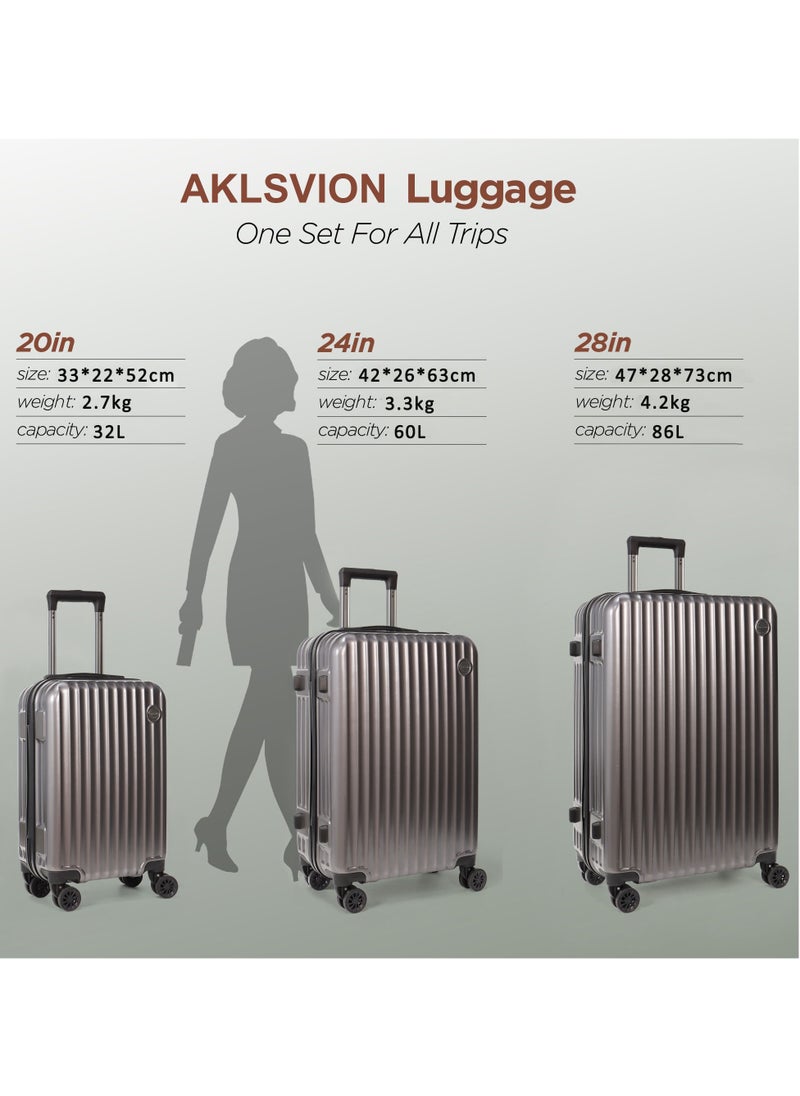 Aklsvion Aklsvion Luggage Sets 3 Piece With Spinner Wheels Lightweight Durable Carry On Cabin Travel Suitcase With Digital Lock Hard Shell ABS+PC 20/24/28 Inch Grey  - Image 2