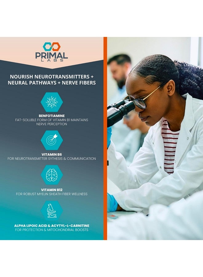 Primal Labs دعم الأعصاب المتقدم من برايمال لابز - مكمل صحة الأعصاب مع بنفوتيامين، ب6، ب12، حمض ألفا ليبويك، أسيتيل-ل-كارنيتين - صحة الأعصاب، القدمين، الساقين، الوظيفة الحسية، الراحة - 60 حبة - Image 2