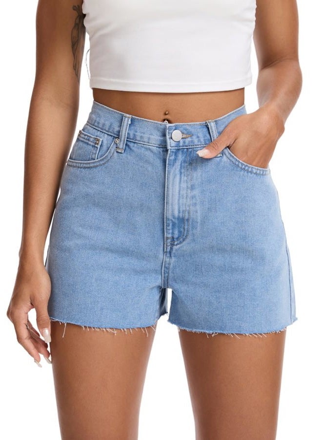 Wanduyini High Waist Denim Shorts for Women Casual Cut-Off Raw Hem Jeans Short Pants for Summer Vocation, Mid Blue, M - Image 1