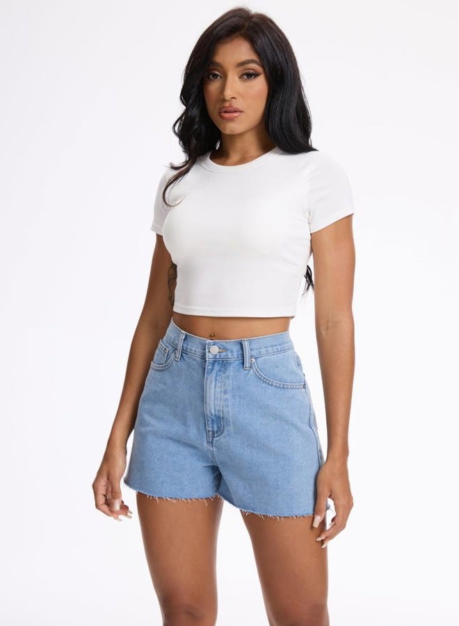 Wanduyini High Waist Denim Shorts for Women Casual Cut-Off Raw Hem Jeans Short Pants for Summer Vocation, Mid Blue, M - Image 4