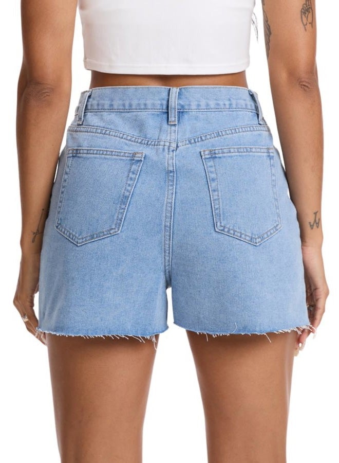 Wanduyini High Waist Denim Shorts for Women Casual Cut-Off Raw Hem Jeans Short Pants for Summer Vocation, Mid Blue, M - Image 2