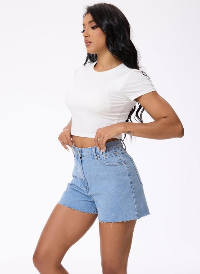 Wanduyini High Waist Denim Shorts for Women Casual Cut-Off Raw Hem Jeans Short Pants for Summer Vocation, Mid Blue, M - Image 3