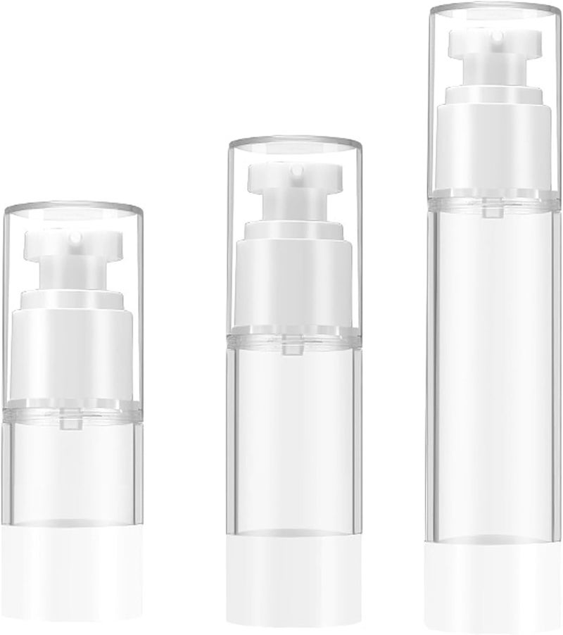 Qeuly 3 Pack Airless Pump Bottles Travel Size Pump Bottle Lotion Container Refillable Cosmetic Pump Dispensers for Foundation Moisturizer Shampoo Toiletry(0.5oz+1oz+1.7oz)