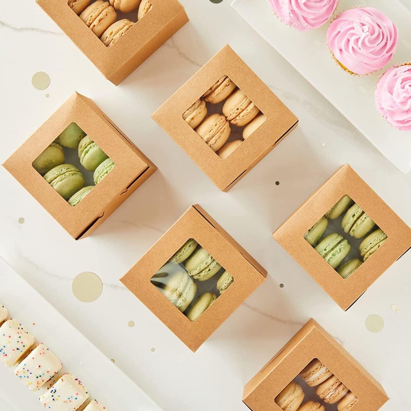 WEI LONG 30PCS Bakery Boxes,4"x4"x2.5" Small Pastry Treat Boxes with Window Gift Packaging Boxes for Cookies,Pastries,Mini Cakes,Pie Slice,Stickers Included (Brown) - Image 5