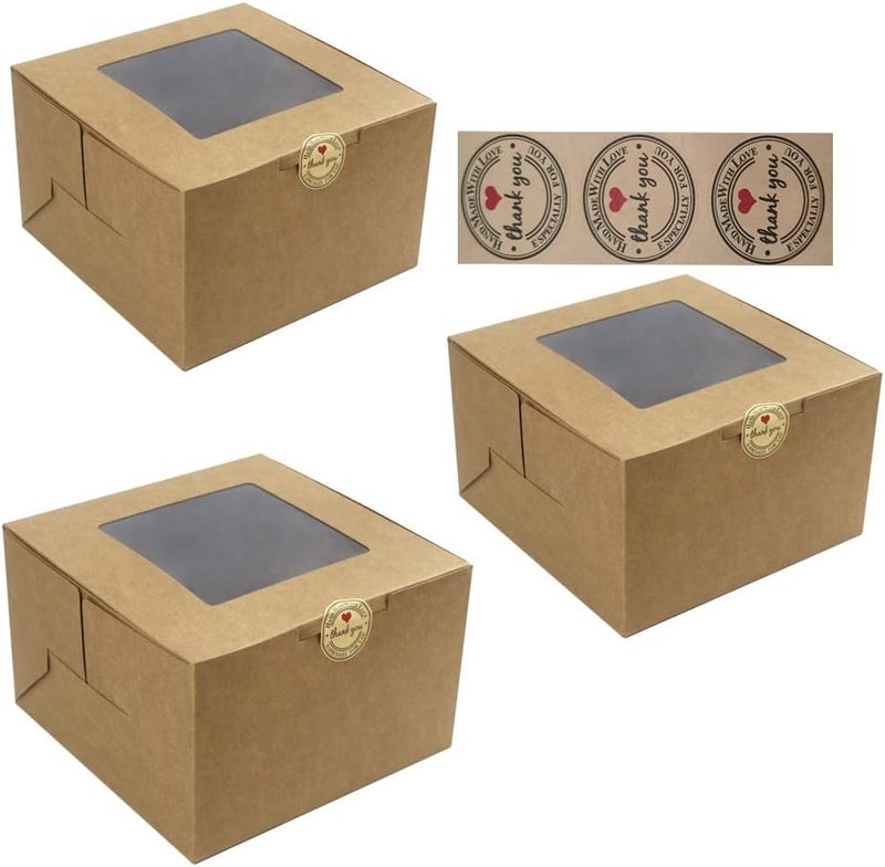 WEI LONG 30PCS Bakery Boxes,4"x4"x2.5" Small Pastry Treat Boxes with Window Gift Packaging Boxes for Cookies,Pastries,Mini Cakes,Pie Slice,Stickers Included (Brown) - Image 1